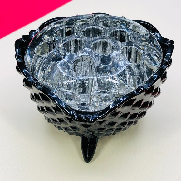 Vintage Black Glass Hobnail Footed Bowl and Clear Glass Flower Frog: Centerpiece - Picture 1 of 12